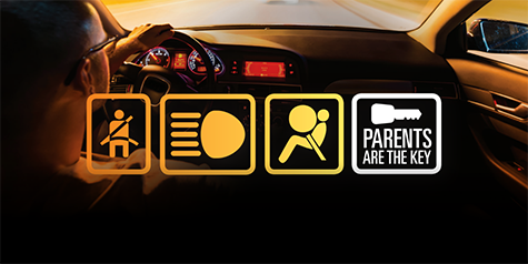 Parents are the key - free resources. Image from the viewpoint of someone sitting in the backseat, they can see the driver. Four icons are overlayed, one showing a stick figure fastened into a seat, the second icon is a headlight, the third icon is an airbag, and the fourth icon is the "parents are the key" logo